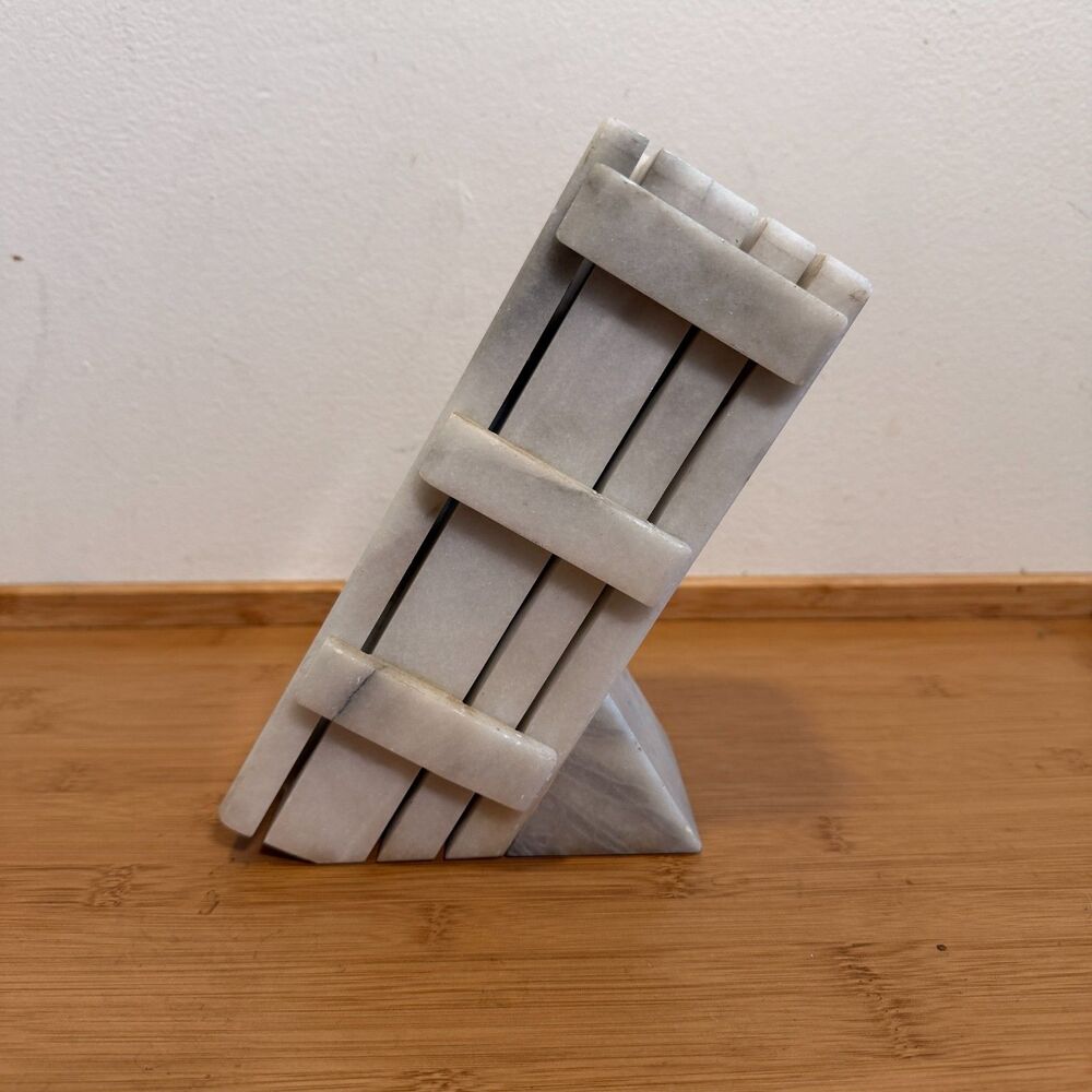 Vintage Marble Knife Block 6 Slot Heavy White Gray Stone Countertop Holder